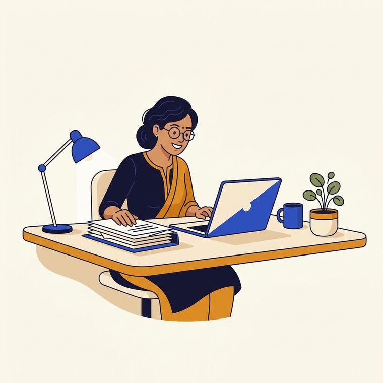 An accountant at a tidy desk, smiling as she works through an organised set of records.