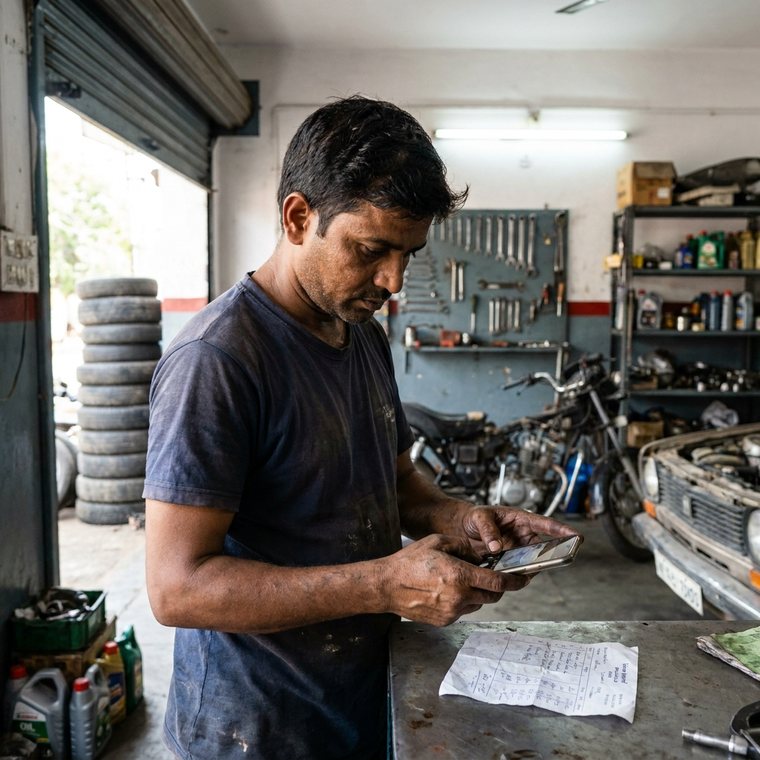 A mechanic photographing a spare parts bill on a workbench in a small garage.