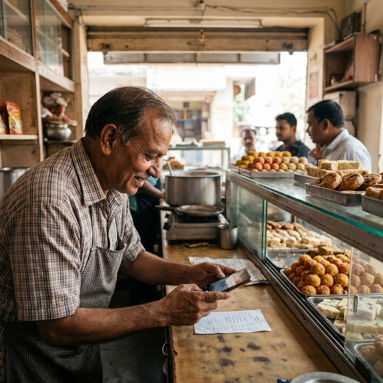 A sweet shop owner photographing a raw material supplier's bill behind the display counter.