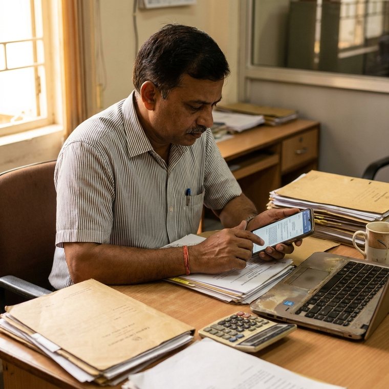 A chartered accountant reviewing a bill on his phone at a desk stacked with client files.