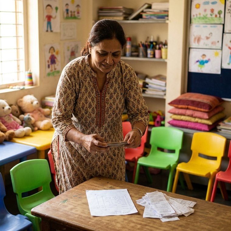 A daycare owner photographing a supplies bill in a small colourful classroom.