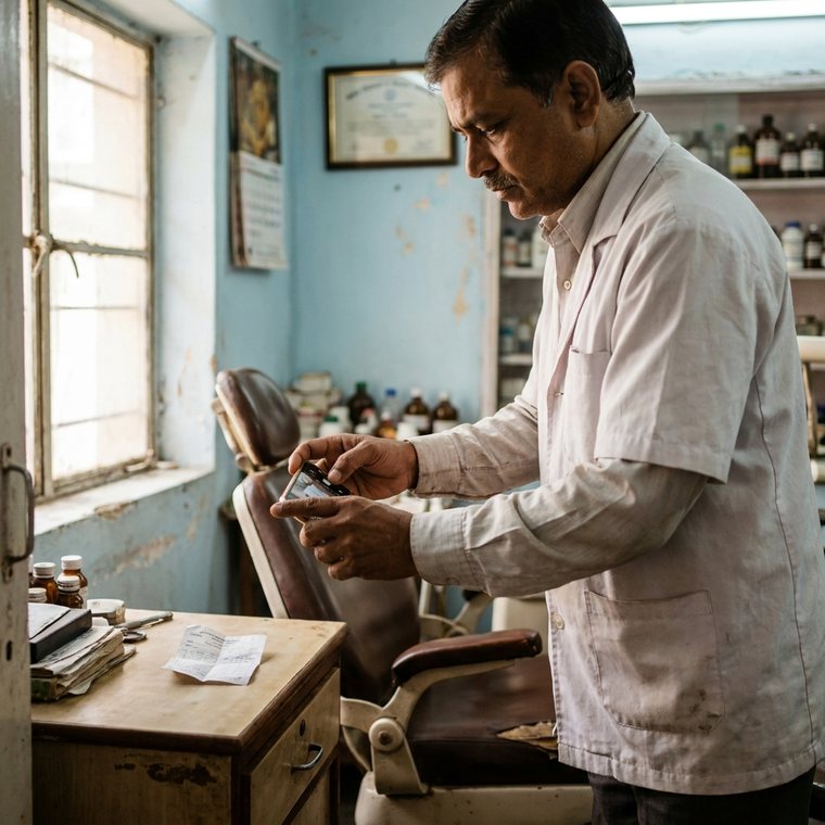 A dentist photographing a dental-supplies bill beside the treatment chair in a small clinic.