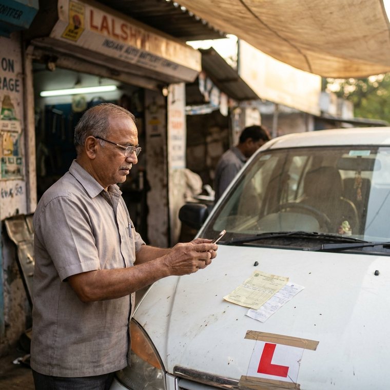 A driving instructor photographing a fuel bill beside a car with a learner sign.