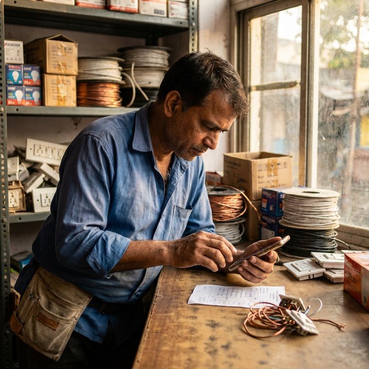 An electrician photographing a wiring and switchgear purchase bill at a small hardware counter.
