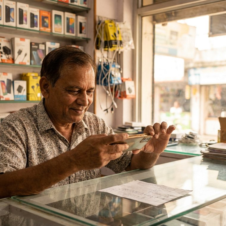 An electronics shop owner photographing a stock supplier's bill behind a glass counter of phones.