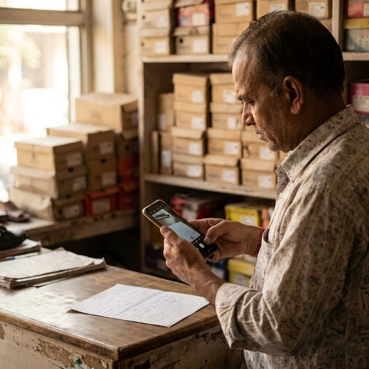 A footwear shop owner photographing a stock supplier's bill behind a counter of shoe boxes.