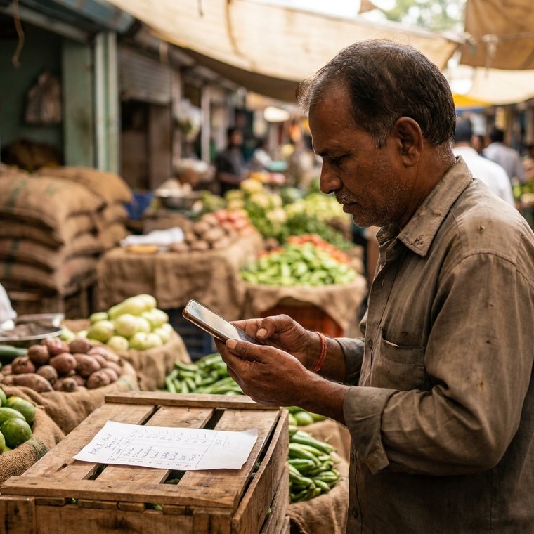 A fruit and vegetable wholesaler photographing a supplier's bill beside crates of produce at a market stall.