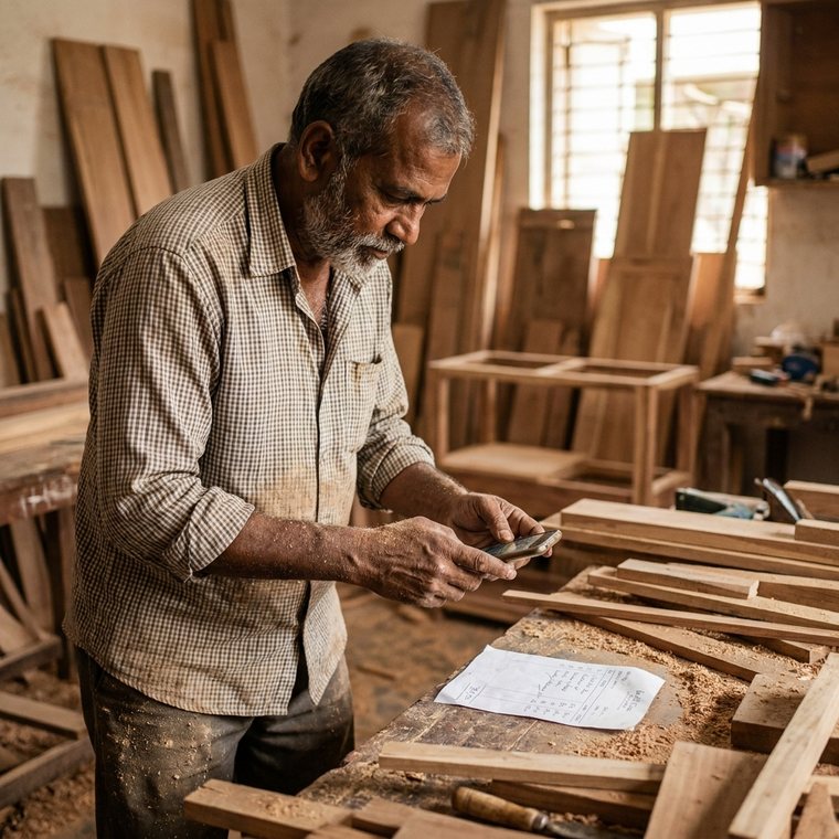 A carpenter photographing a timber supplier's bill in a small furniture workshop.