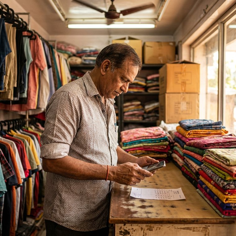 A garment shop owner photographing a stock supplier's bill among racks of clothing.