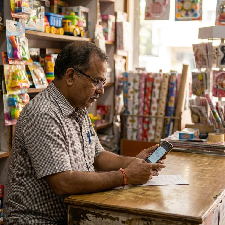 A gift and toy shop owner photographing a stock supplier's bill among shelves of toys.