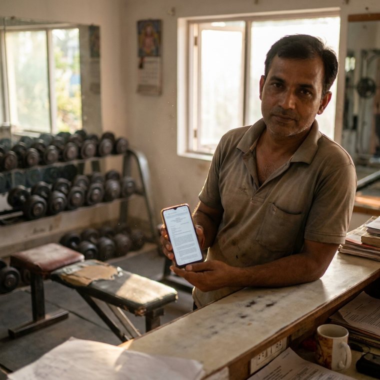 A gym owner photographing an equipment supplier's bill near weights and gym equipment.