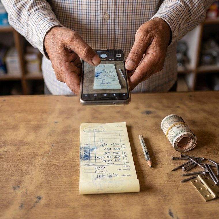 A hand photographing a handwritten carbon-copy bill on a hardware shop counter.