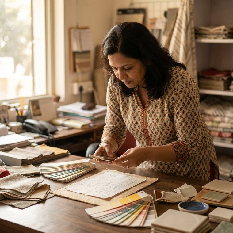 An interior designer photographing a material supplier's bill at a desk with fabric swatches.