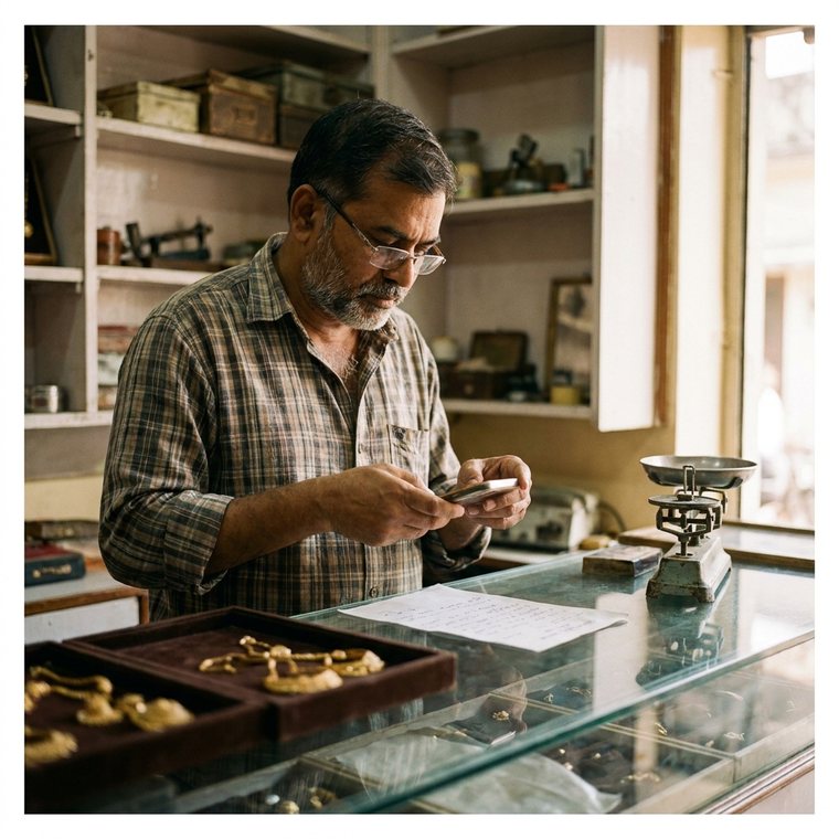 A jeweller photographing a gold supplier's bill behind a glass display counter.