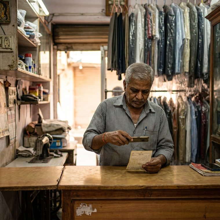 A laundry shop owner photographing a supplier's bill among hanging pressed clothes.