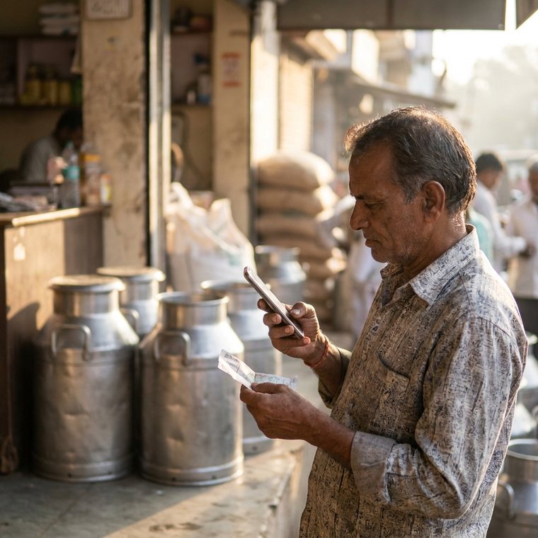 A milk vendor photographing a supplier's delivery bill beside stacked milk cans early in the morning.