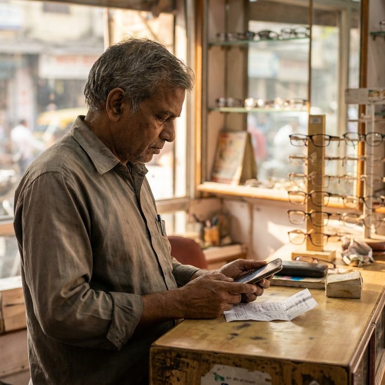 An optician photographing a lens supplier's bill behind a counter of spectacle frames.