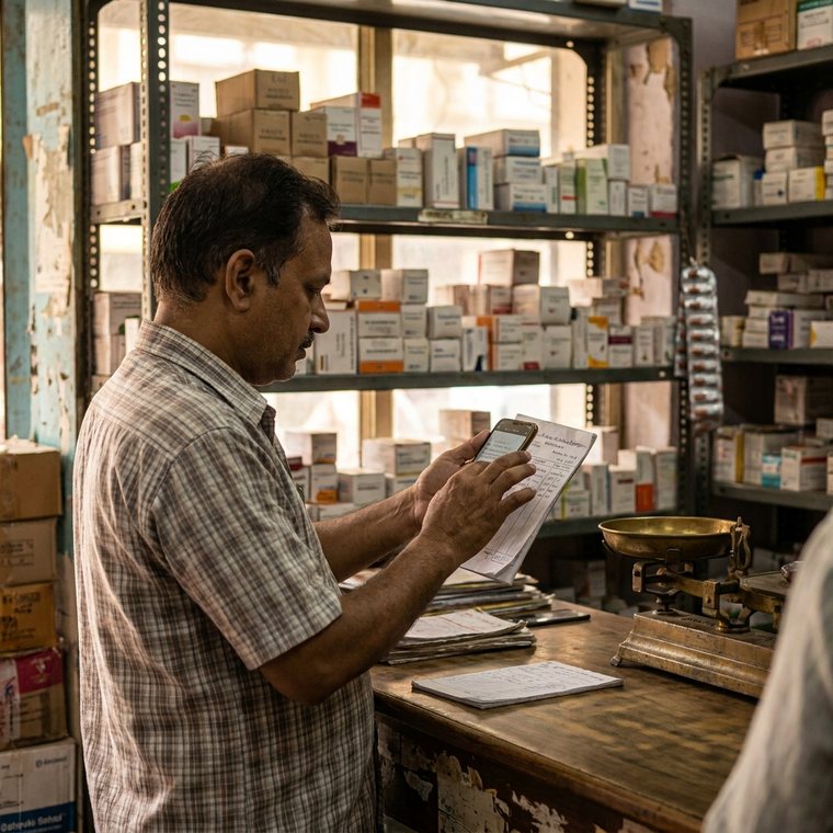 A pharmacist photographing a medicine-supplier's bill at the counter of a small medical store.