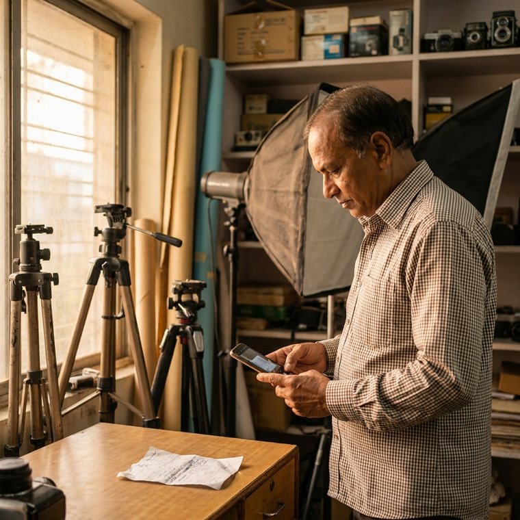 A photographer photographing an equipment supplier's bill in a small studio.