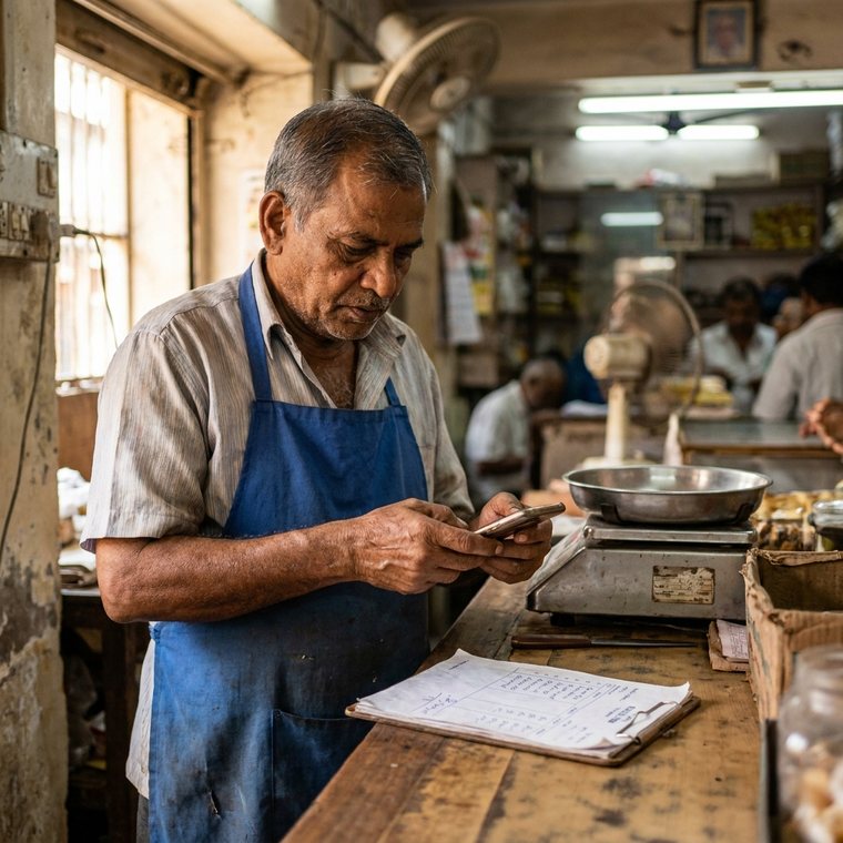 A poultry and meat shop owner photographing a supplier's delivery bill behind the counter.