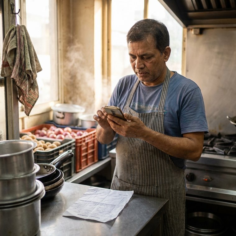 A restaurant cook photographing a vegetable supplier's bill at the kitchen counter.