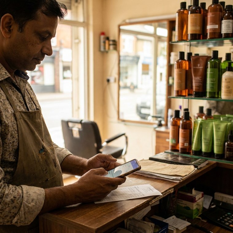 A hairdresser photographing a product supplier's bill at the salon reception counter.