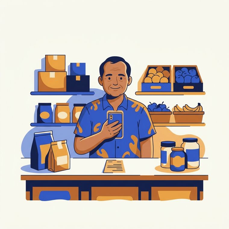A shop owner behind his counter, photographing a paper bill with his phone.