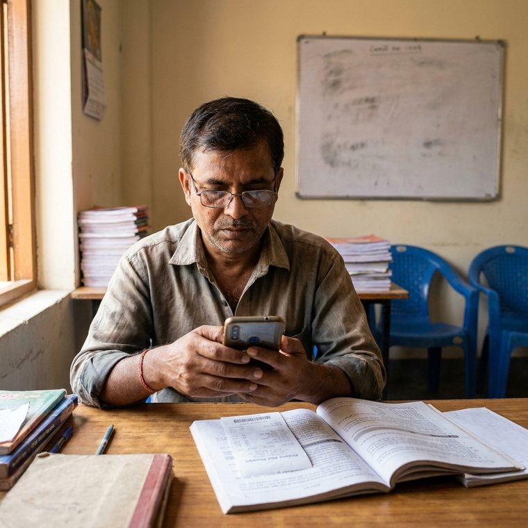 A tuition centre owner photographing a stationery supplier's bill at a classroom desk.