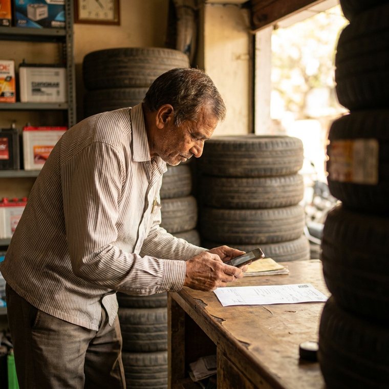 A tyre shop owner photographing a supplier's bill amid stacks of tyres in a small shop.
