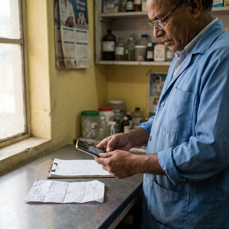 A veterinarian photographing a medicine supplier's bill beside the examination table in a small clinic.