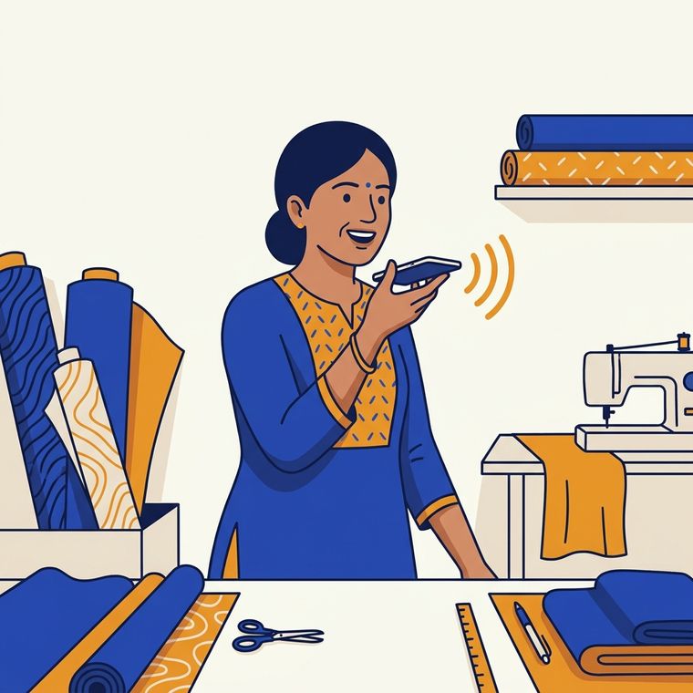 A shop owner speaking a short voice message into her phone in her fabric shop.