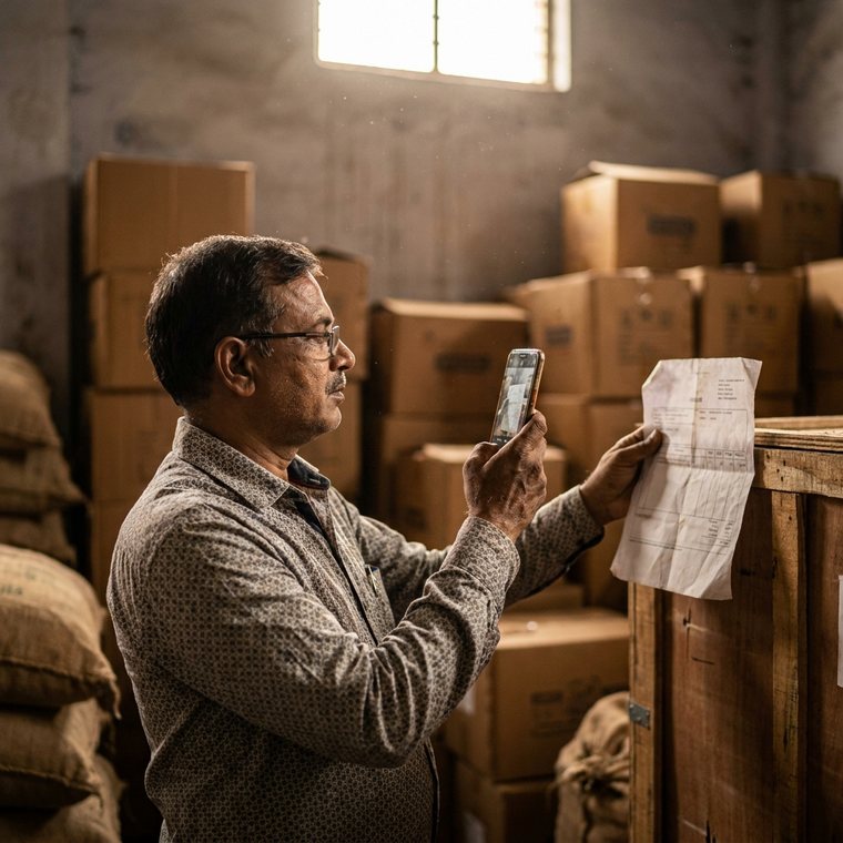 A wholesale trader photographing a delivery challan among stacked cartons in a godown.